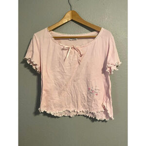 Vintage Top Womens Medium Pink Lace Trim Lettuce Hem Bow Tie Coquette 90s Y2K